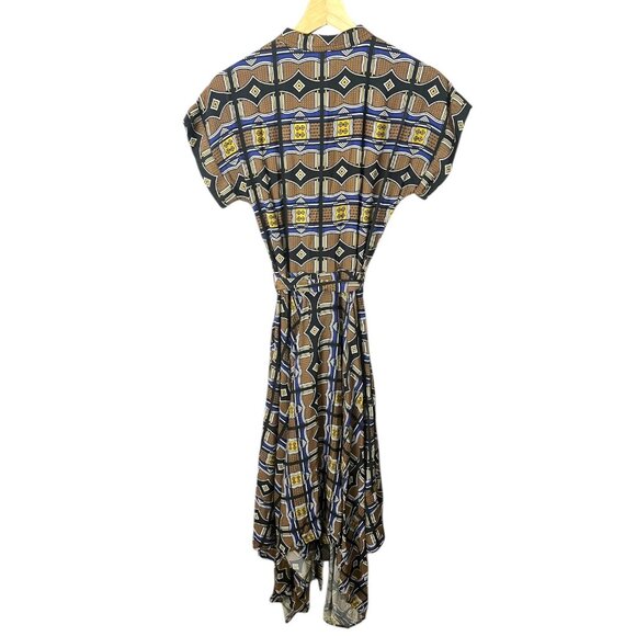 Mantsho x H&M Geometric African Print Midi Asymmetric Shirt‎ Dress Brown Size 2 - Picture 2 of 10